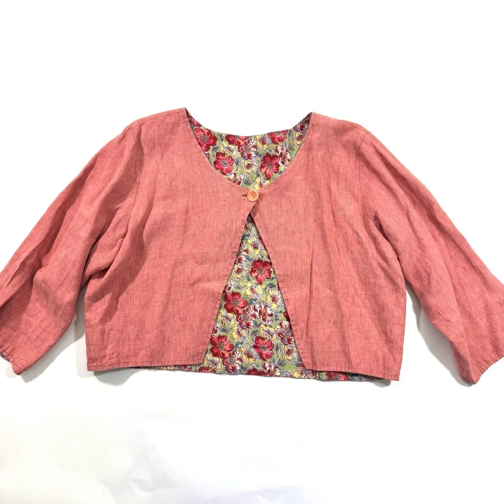 Flax Two Piece Skirt Set Pink Floral Linen Top Maxi Skirt - Picture 2 of 11